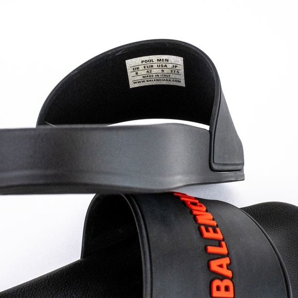 Balenciaga Black Red Pool Slide Sandals Men’s Rubber Logo - NEW - EU 42 | US 9